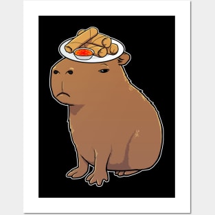 Capybara with Spring Rolls on its head Posters and Art